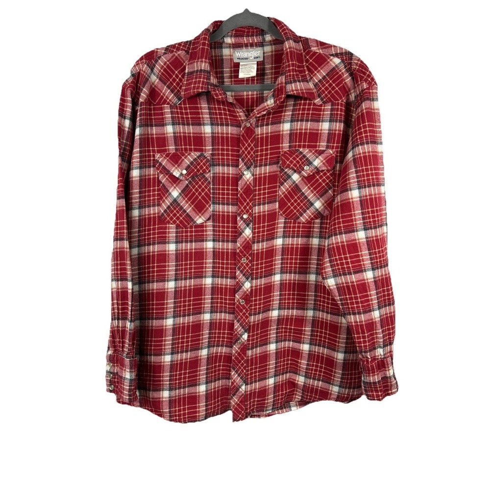 VTG‎ Wrangler Wrancher Western Flannel Shirt Men XXL Red Plaid Pearl Snap Cowboy
